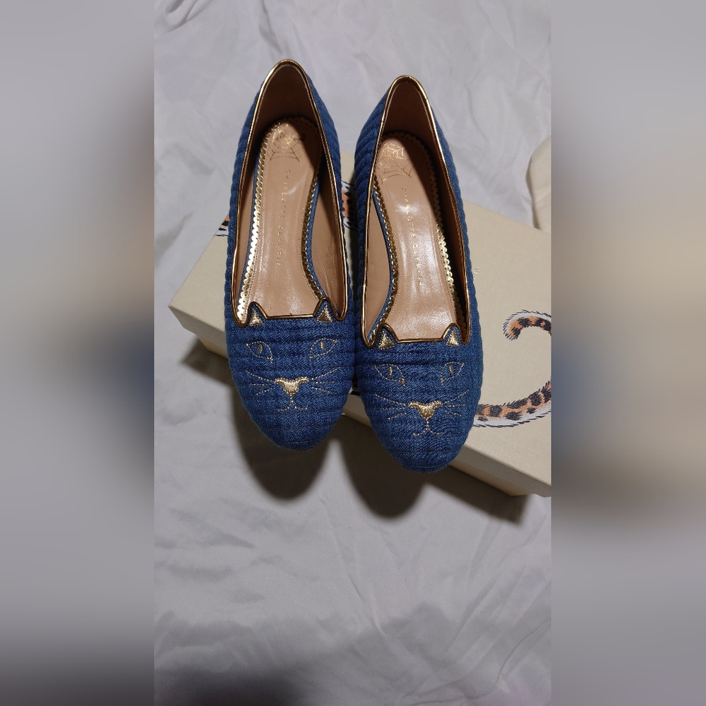 Charlotte Olympia Denim Embroidered Accent Ballet Flats - Picture 2 of 10